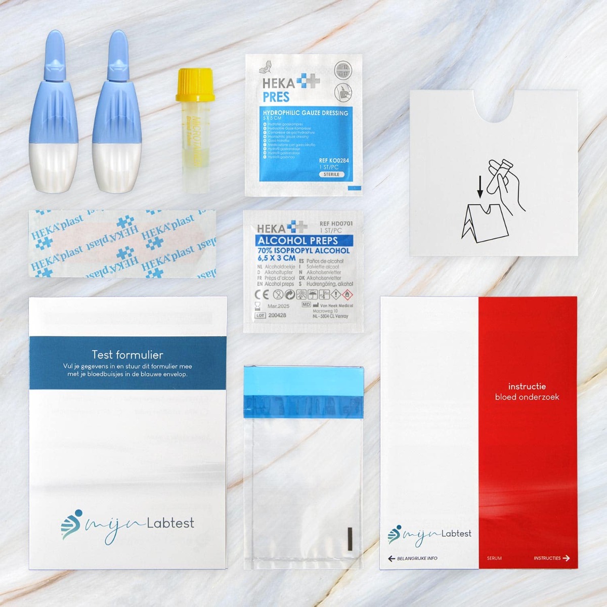 De testkit bevat alle materialen om je LH te testen. De testkit bevat alle materialen om je LH te testen.